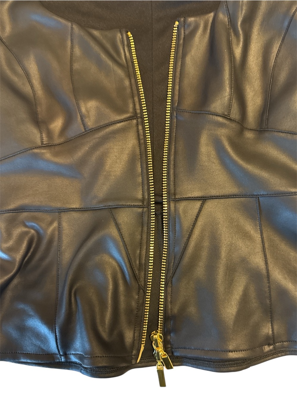 Bisou Bisou Black Faux Leather Peplum Top with Gold Zip - Picture 3 of 5